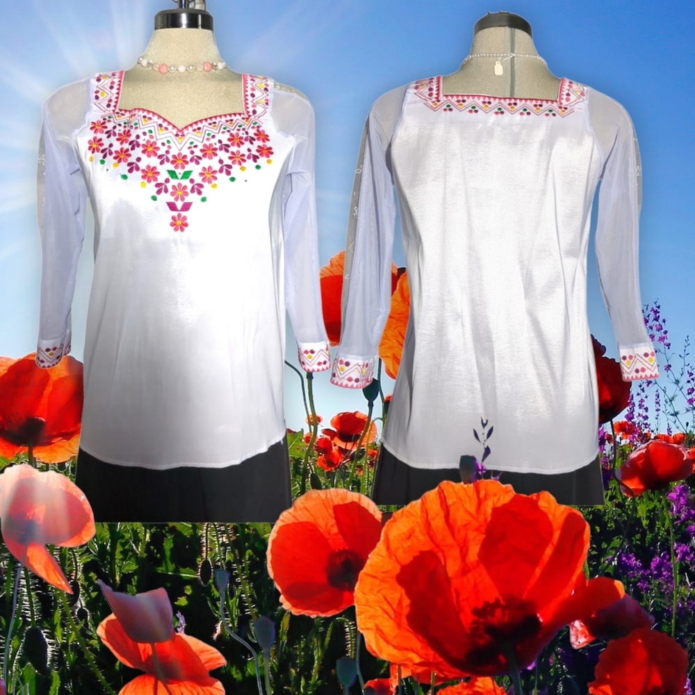 *NEW* Embroidery White Handmade  3/4 Long Sleeve Blouse From Ecuador Size S